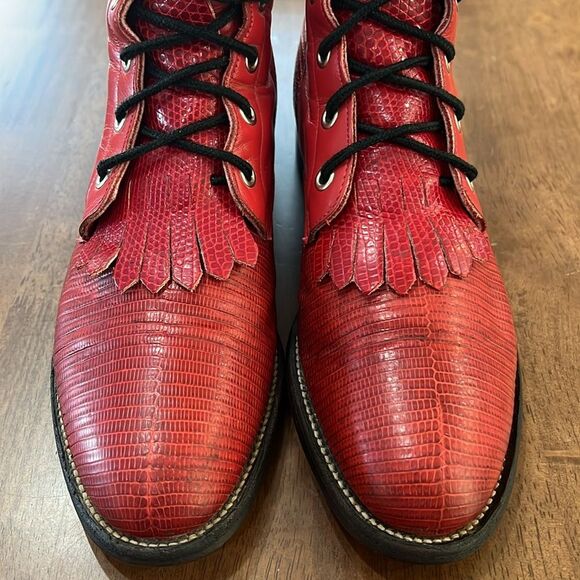 Vintage 1994 Justin Red Lizard & Kipskin Kilted Roper Boots Women’s 7.5B Rare - Picture 10 of 14